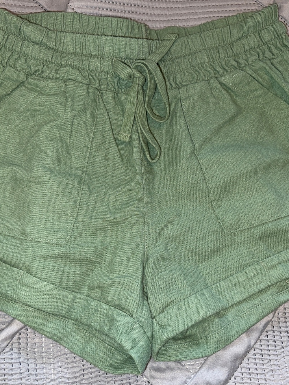 Roxy Olive Green Linen High-Waist Drawstring Shorts, Size Small